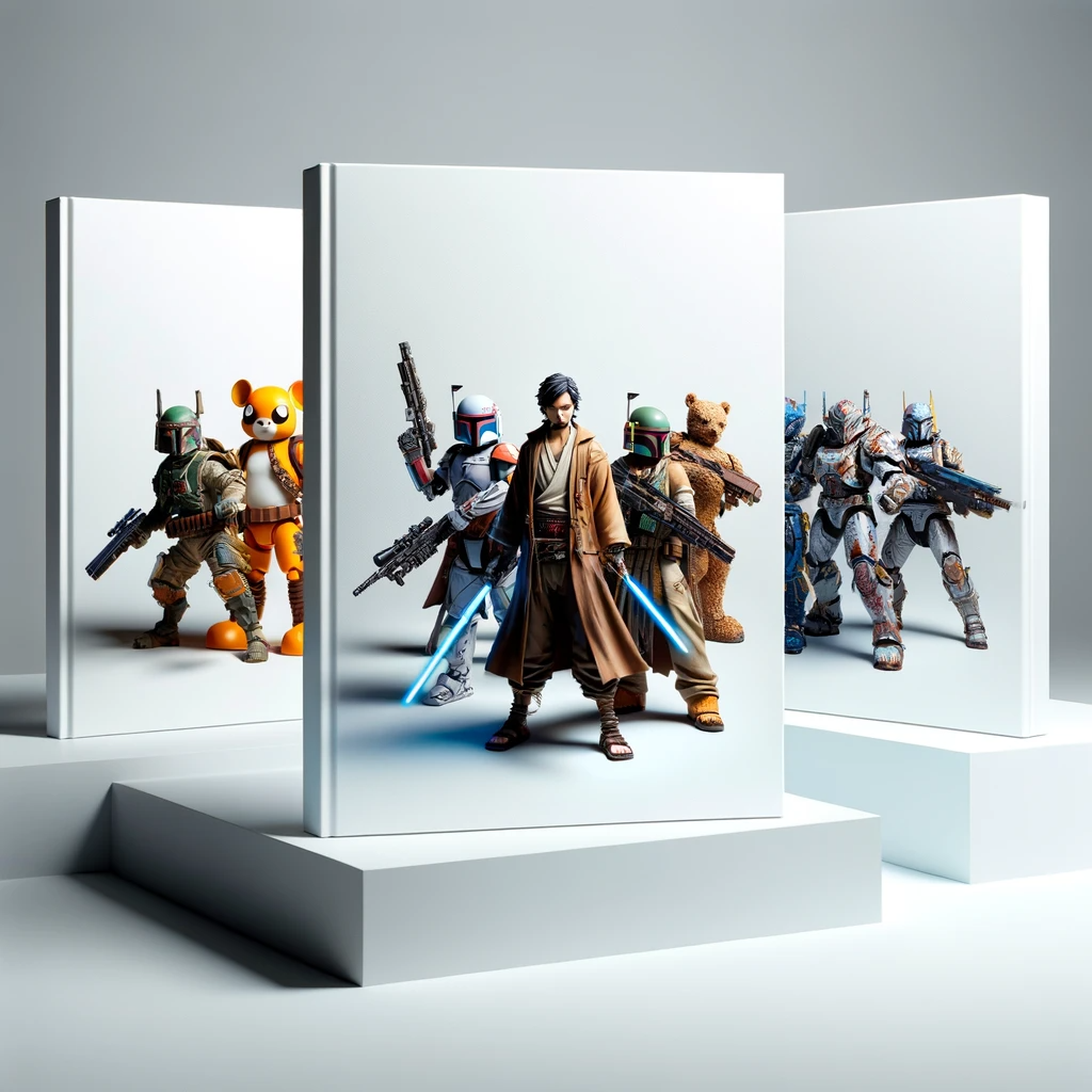 An elegant and simplistic cover image featuring up to three custom PVC toys against a plain white background. The toys, depicting characters from popu
